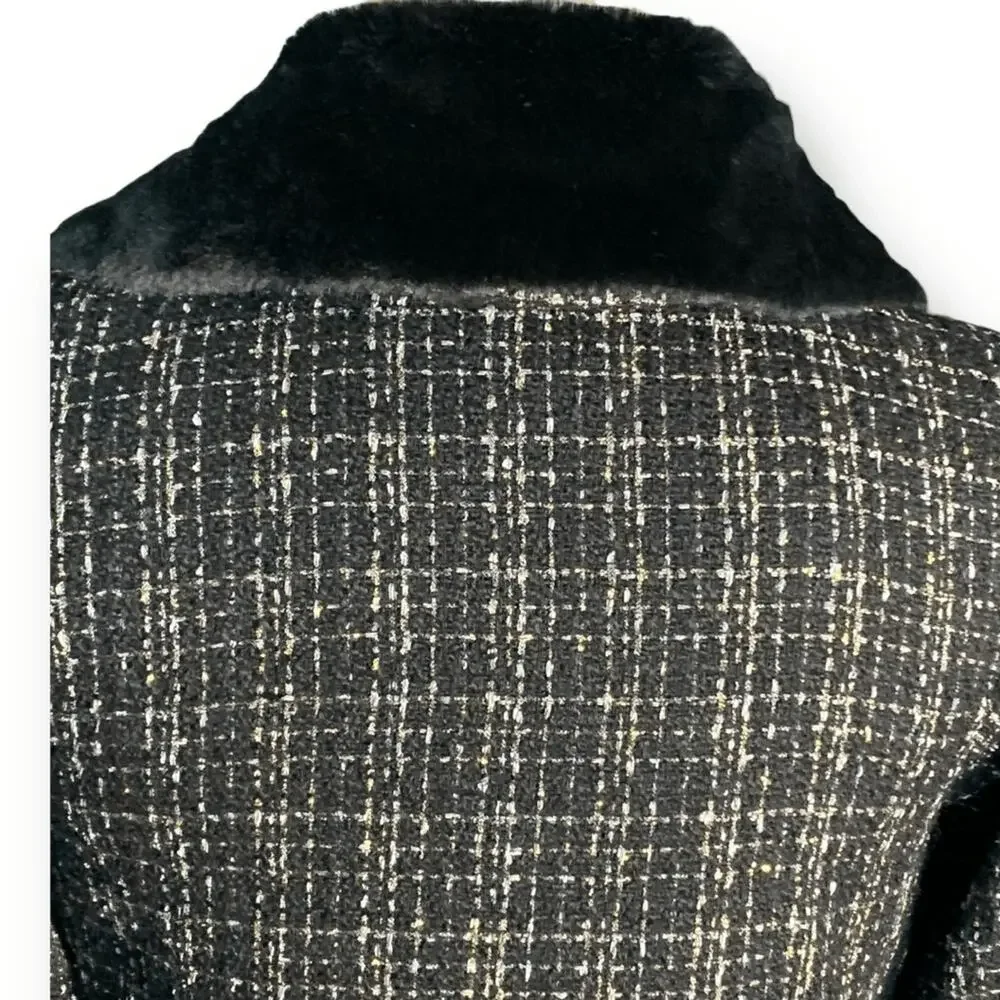 Hazel‎ Anthropologie Black White Tweed Coat Faux Fur Collar Puff Sleeves Small